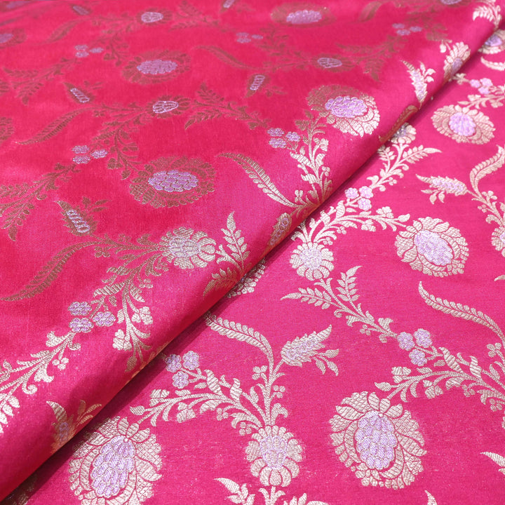 Hot Pink & Antique Gold Floral Brocade Fabric.