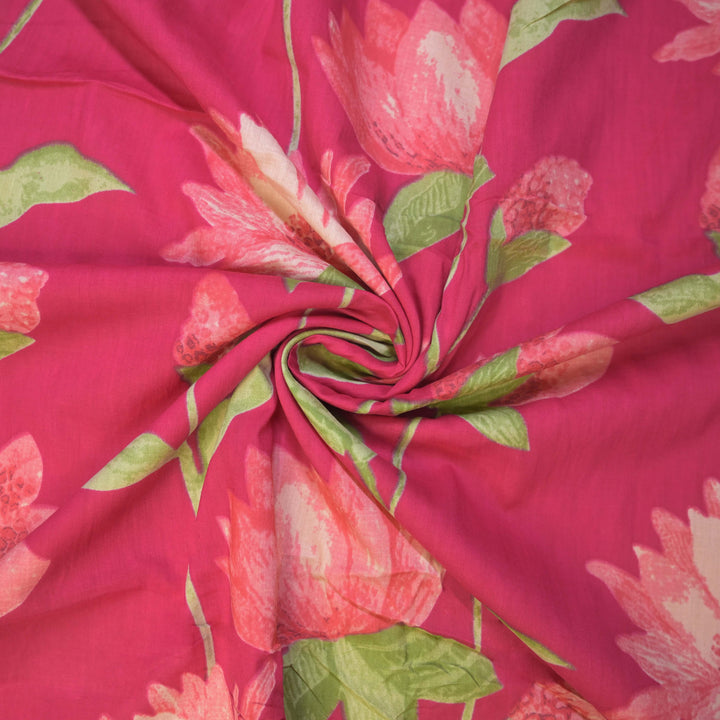Rani Pink Sanganeri Lotus Print Cotton Fabric
