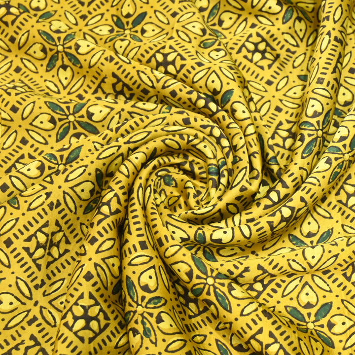 Mustard Yellow Modal Satin Fabric in Digital Print.