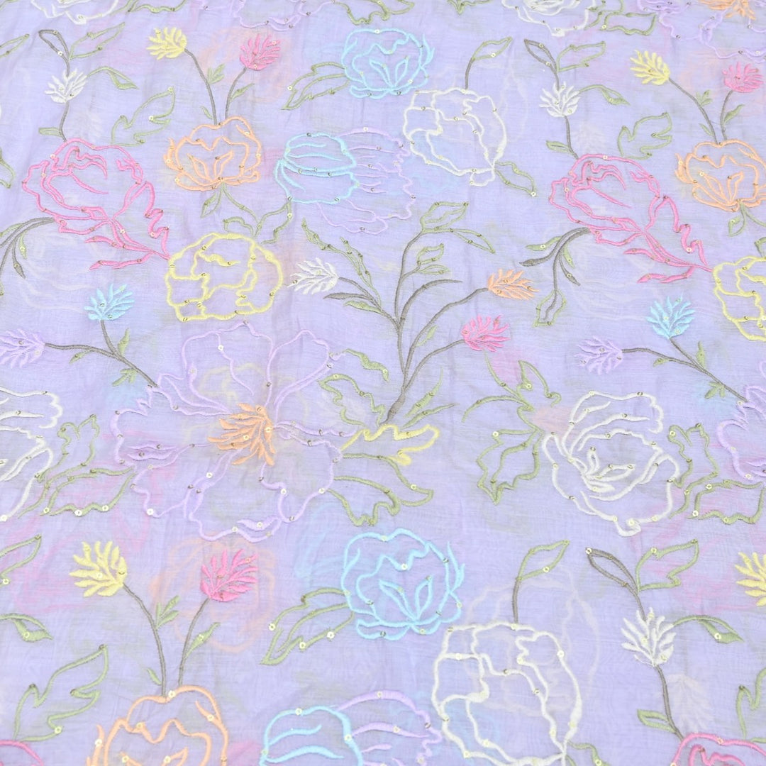 Periwinkle Color Mul Chanderi Thread & Sequins Embroidery Fabric | Designer Fabric-V11537C