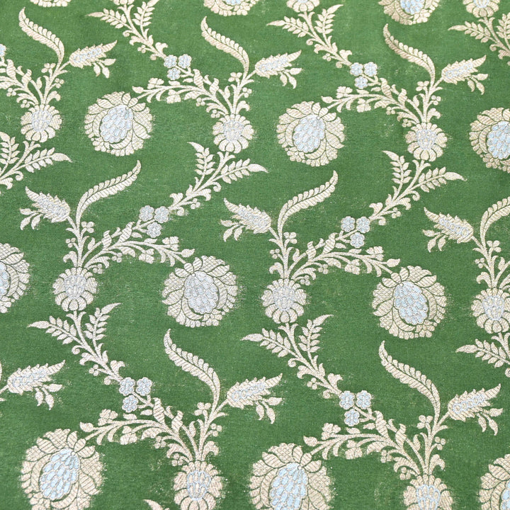 Leaf Green & Antique Gold Floral Brocade Fabric.