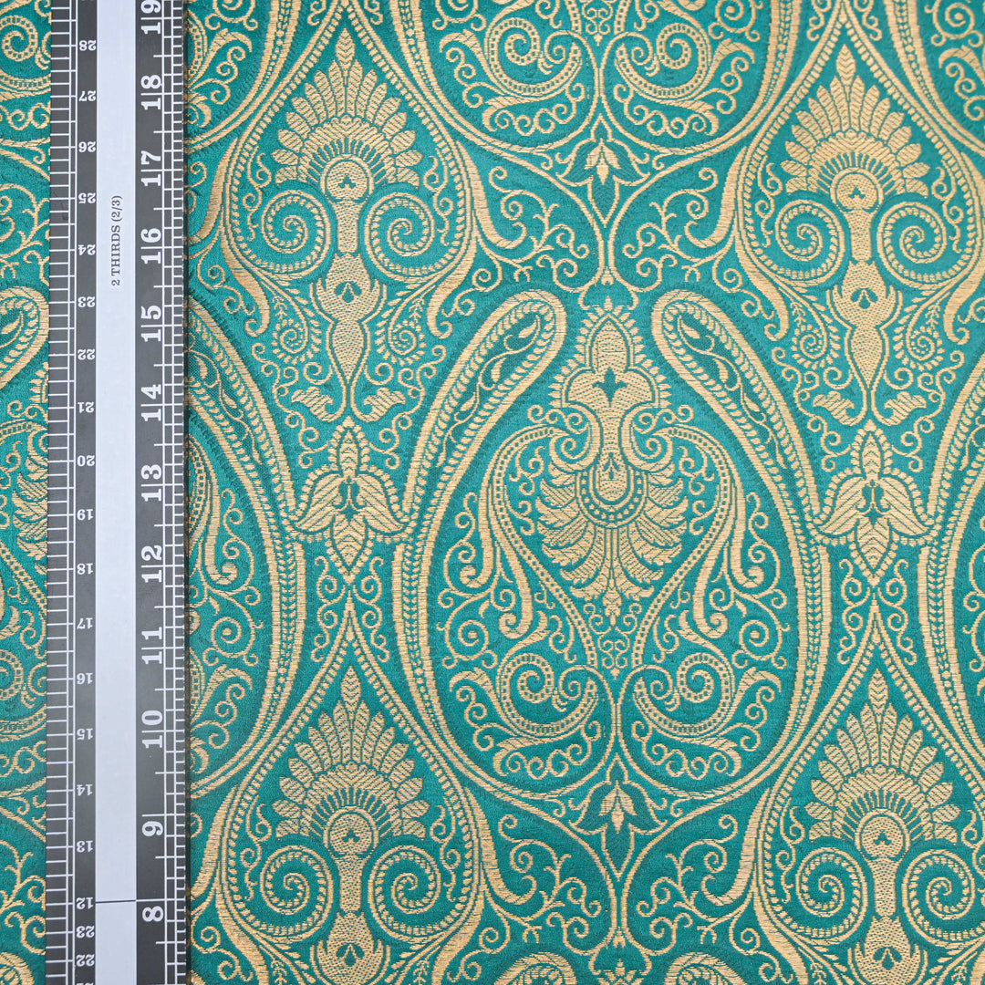 Turquoise Blue Gold Paisley Brocade Fabric.| 100-23-116