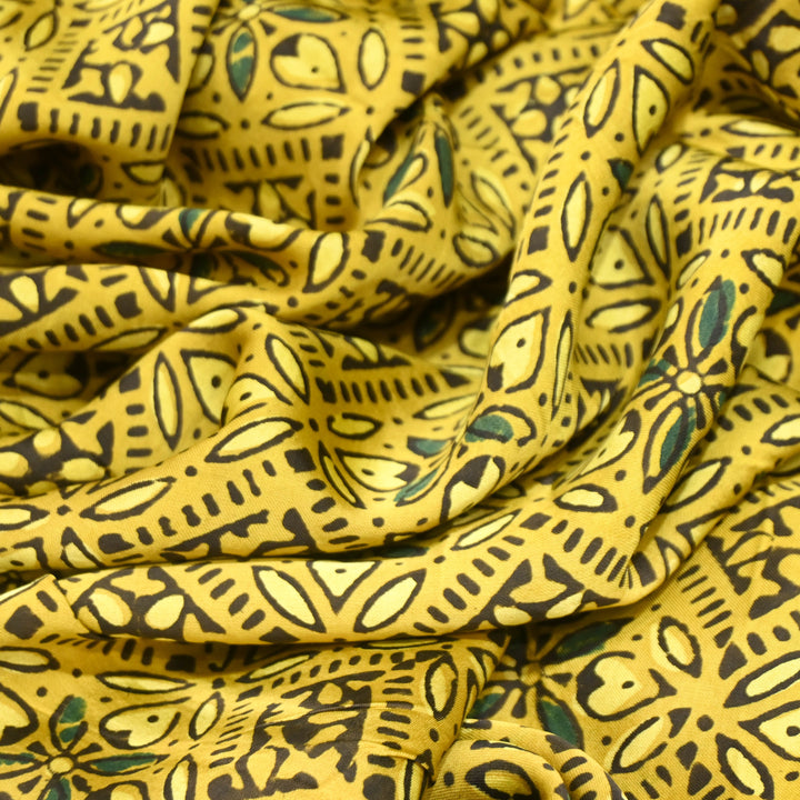 Mustard Yellow Modal Satin Fabric in Digital Print.