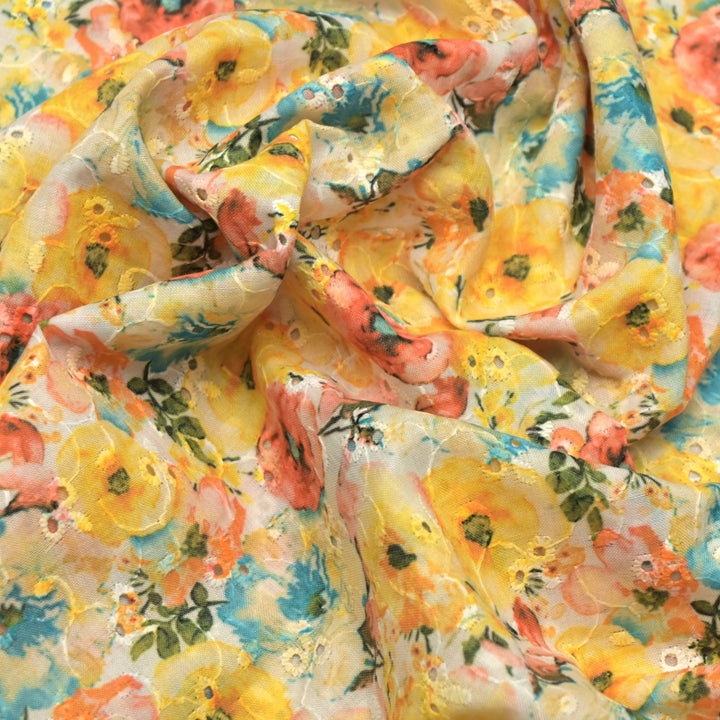 Floral Digital Print Cotton Chikan Embroidery Fabrics