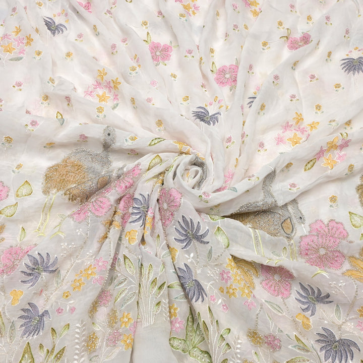Multi thread and pearl sequin embroidery fabric on viscose organza