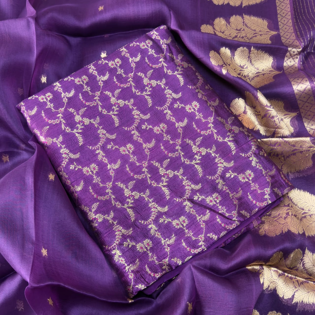 Pure Dupion Silk & Banarasi Mina Zari Unstitched Suit Set | AS0011