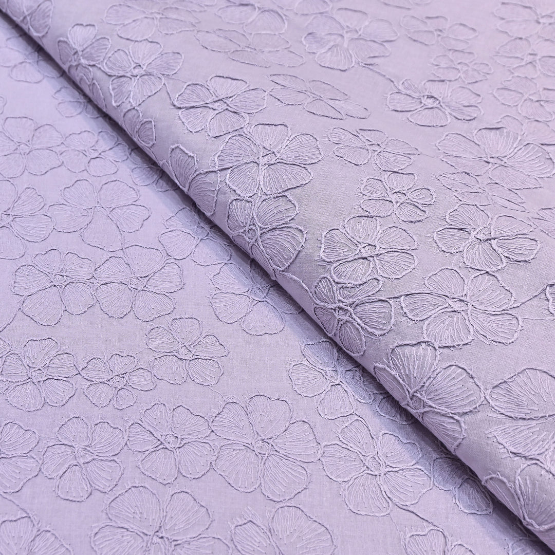 Pastel Lavender Color Cotton Floral Thread Embroidery Fabric – Soft Designer Embroidered Cotton Fabric 0AT112-3
