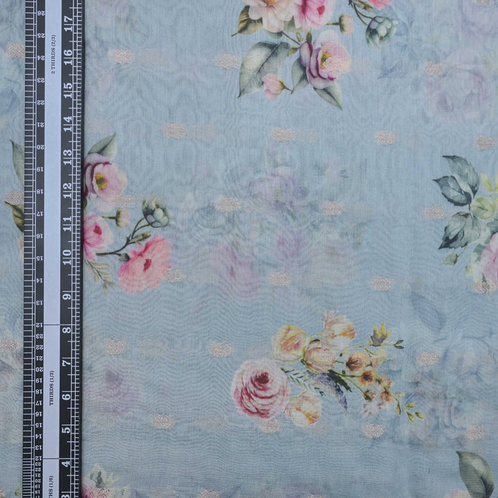 Powder Blue Silk Chanderi Zari Print.| 248-389B