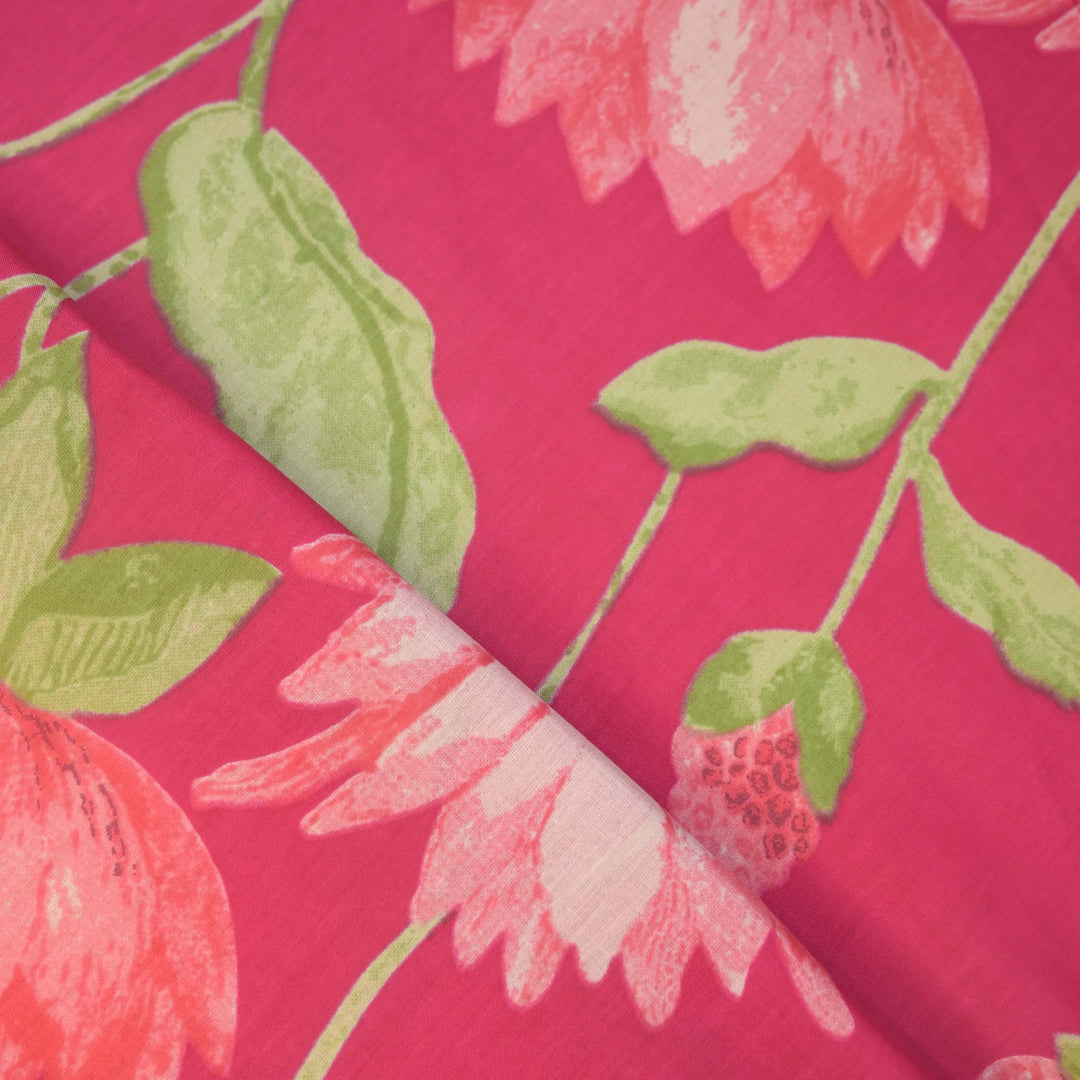 Rani Pink Sanganeri Lotus Print Cotton Fabric