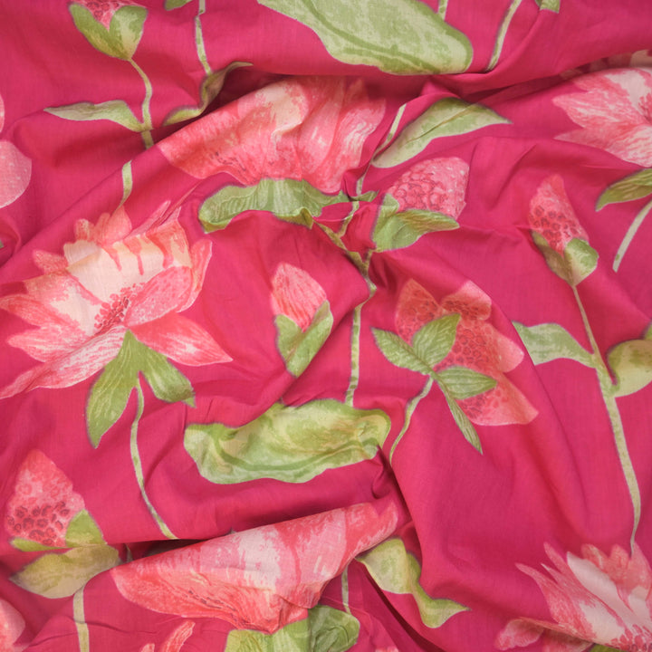 Rani Pink Sanganeri Lotus Print Cotton Fabric