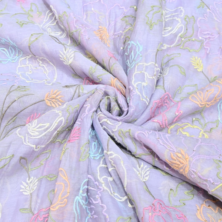 Periwinkle Color Mul Chanderi Thread & Sequins Embroidery Fabric | Designer Fabric-V11537C
