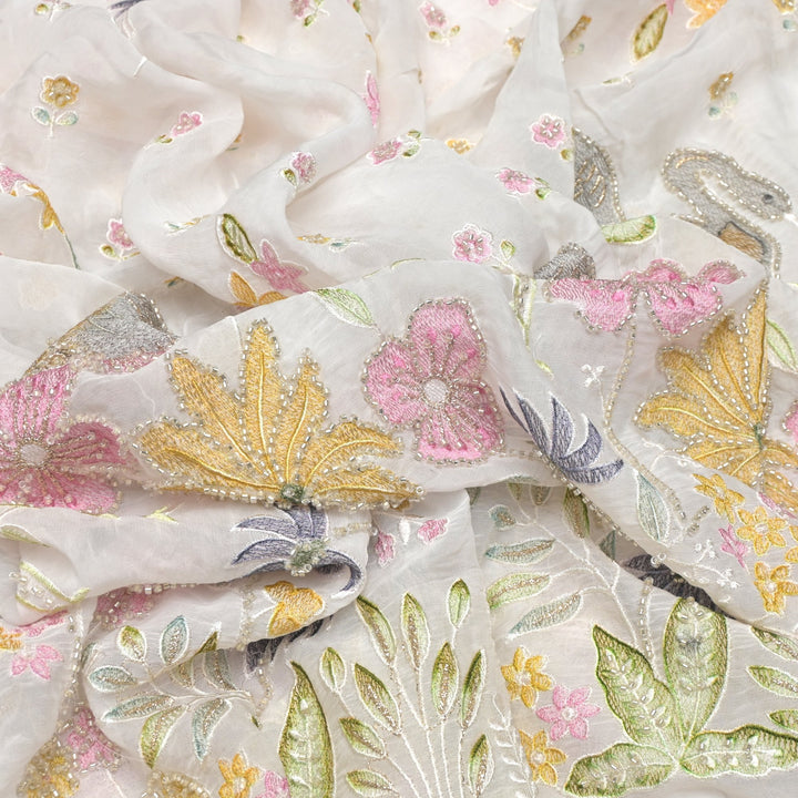 Multi thread and pearl sequin embroidery fabric on viscose organza