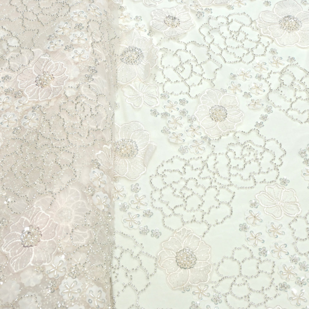 Cut dana and sequin heavy embroidered fabric with 3D flower on imported net