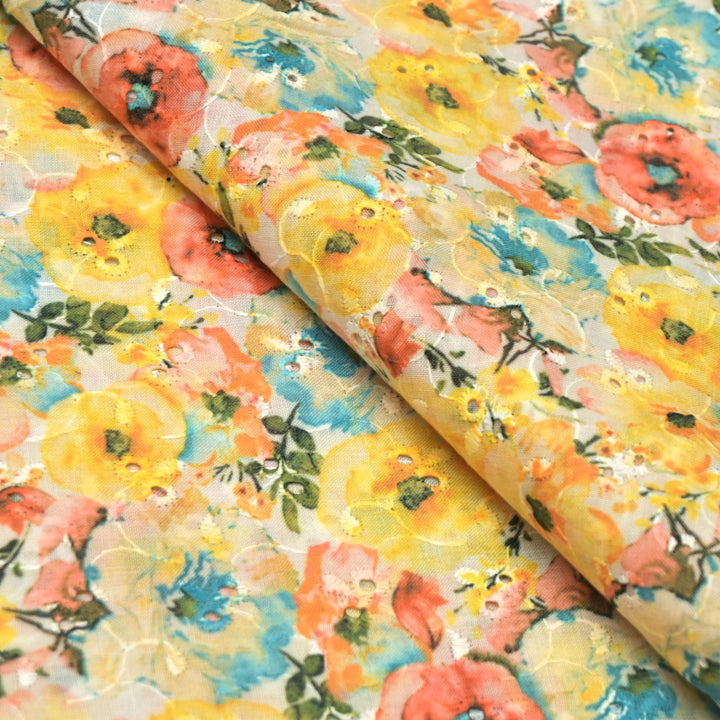 Floral Digital Print Cotton Chikan Embroidery Fabrics