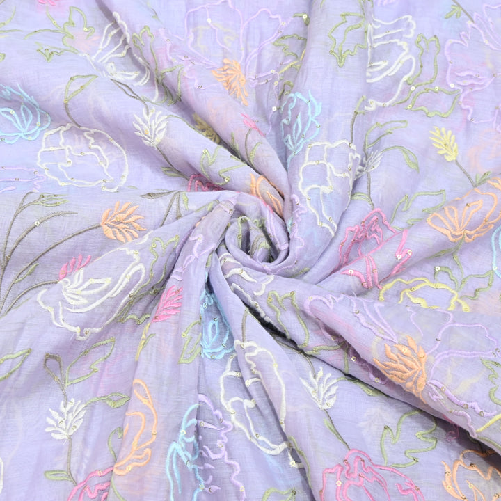 Lavender Mul Chanderi Fabric with allover Thread Embroidery.