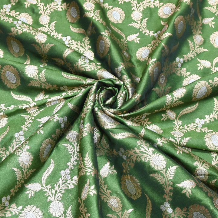 Leaf Green & Antique Gold Floral Brocade Fabric.