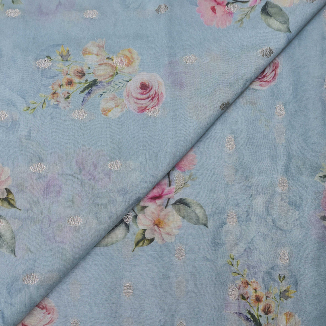 Powder Blue Silk Chanderi Zari Print.| 248-389B