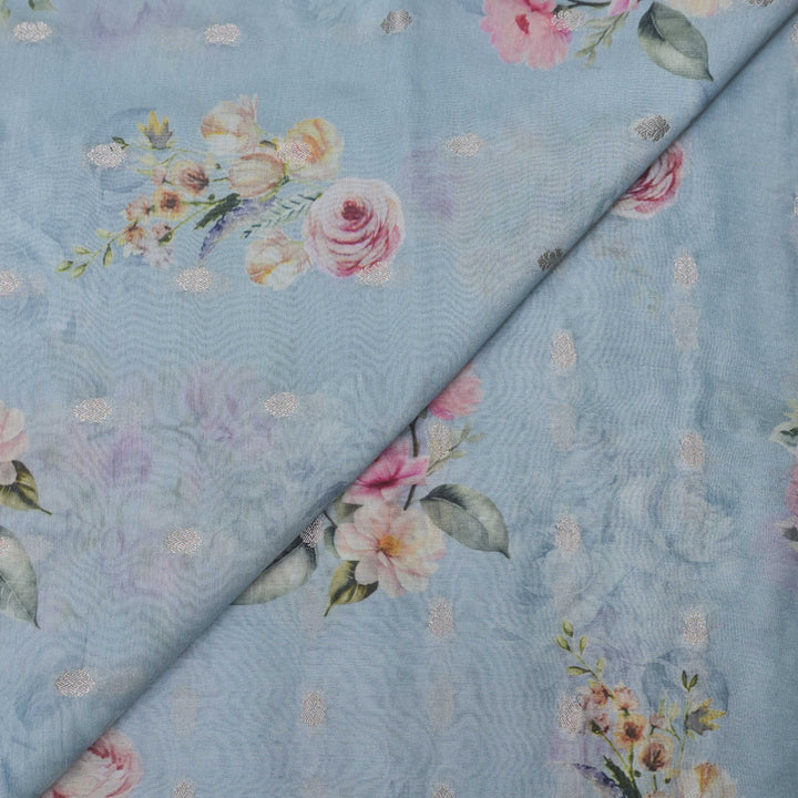 Powder Blue Silk Chanderi Zari Print.| 248-389B