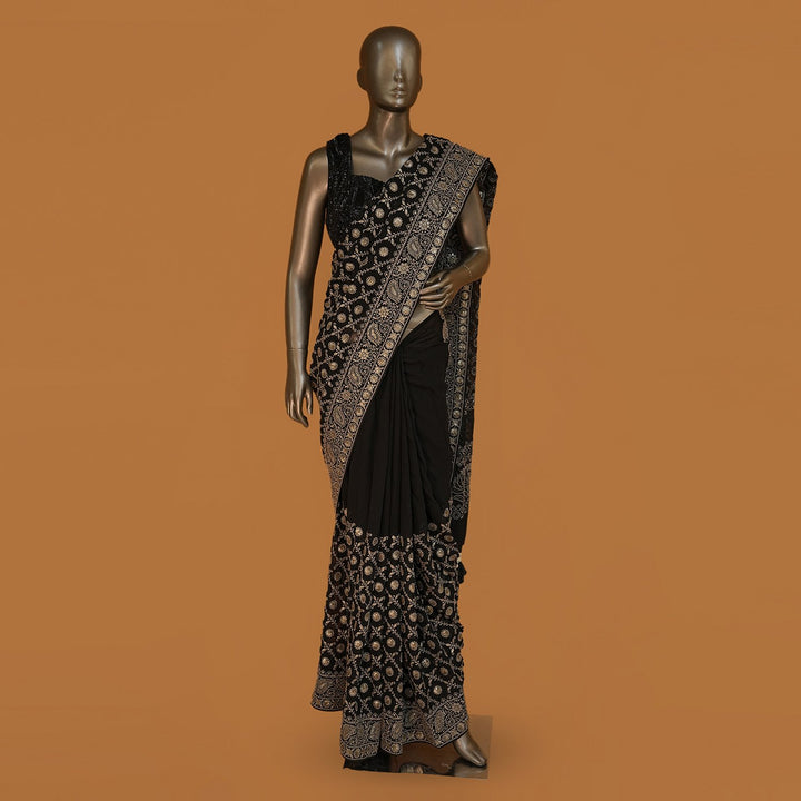 Black Georgette Sequins With Thread Work Saree