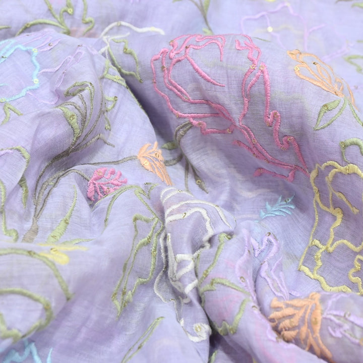 Periwinkle Color Mul Chanderi Thread & Sequins Embroidery Fabric | Designer Fabric-V11537C