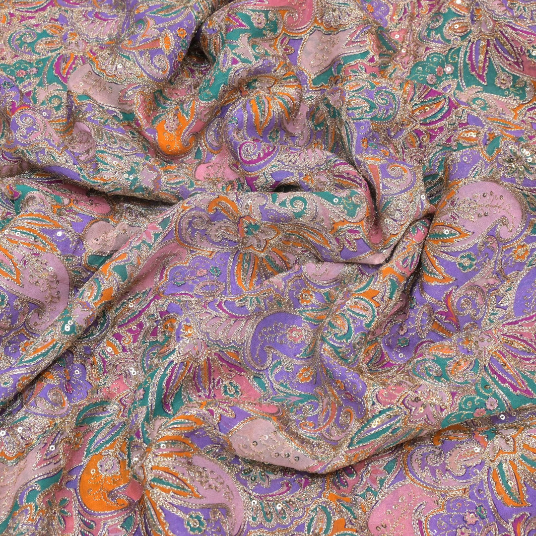 Viscose Georgette  Position Prints, Zari Sequin Embroidery Fabrics