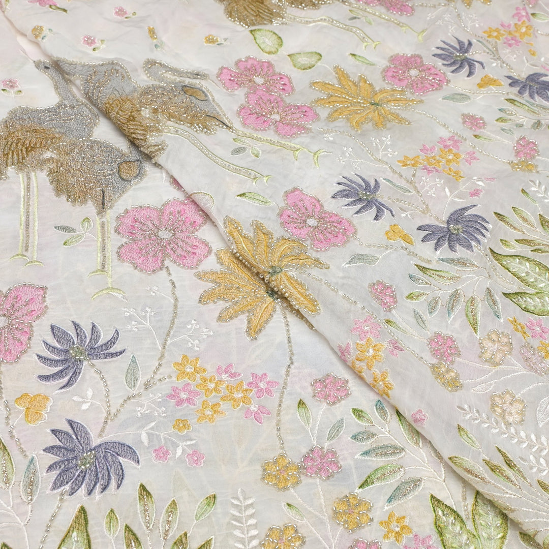 Multi thread and pearl sequin embroidery fabric on viscose organza