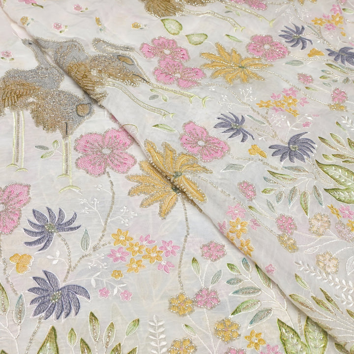 Multi thread and pearl sequin embroidery fabric on viscose organza