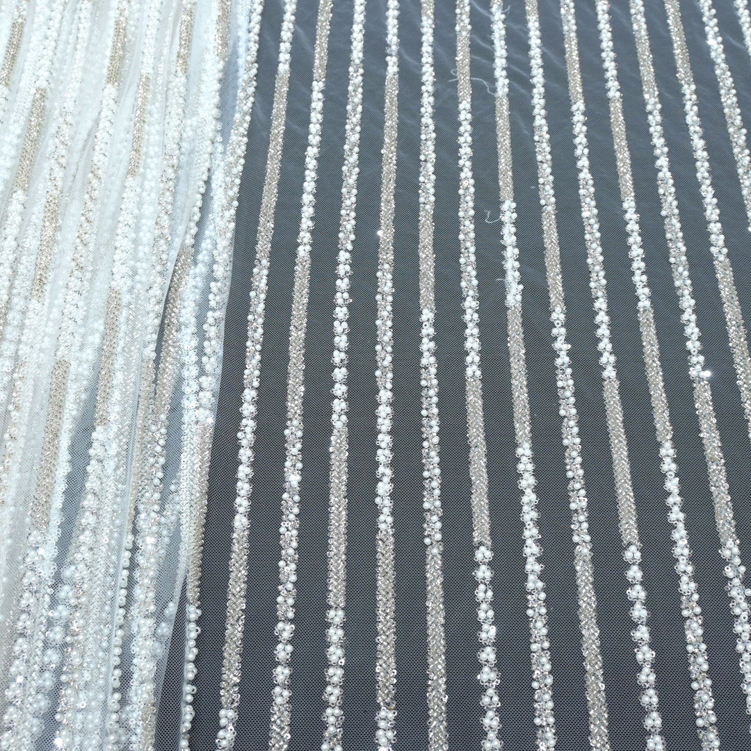 Imported Net Cutdana Pearls With Sequins Handwork Embroidery Fabrics