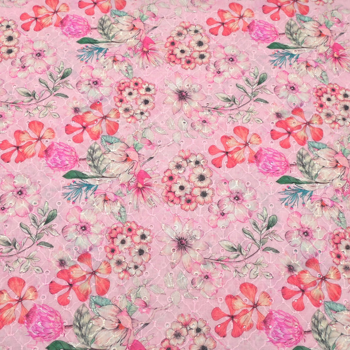 Floral Digital Print Cotton Chikan Embroidery Fabrics