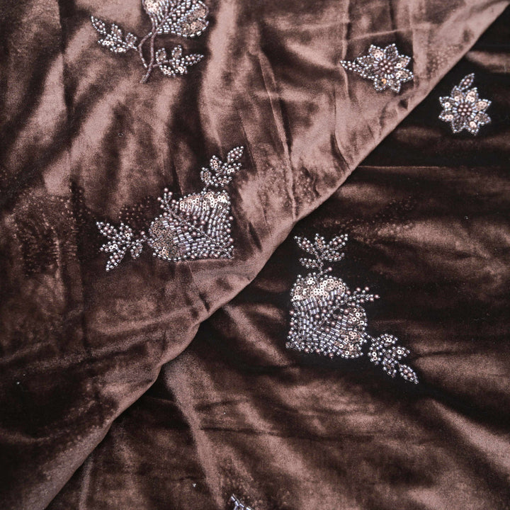 Brown Velvet Cutdana Embroidery Fabric.| 1038-885B