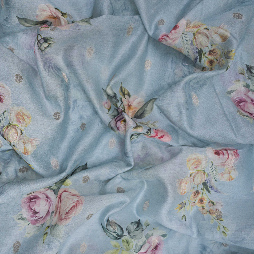 Powder Blue Silk Chanderi Zari Print.| 248-389B