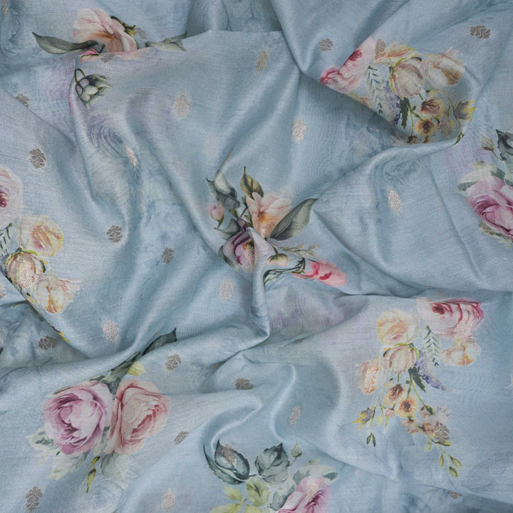 Powder Blue Silk Chanderi Zari Print.| 248-389B