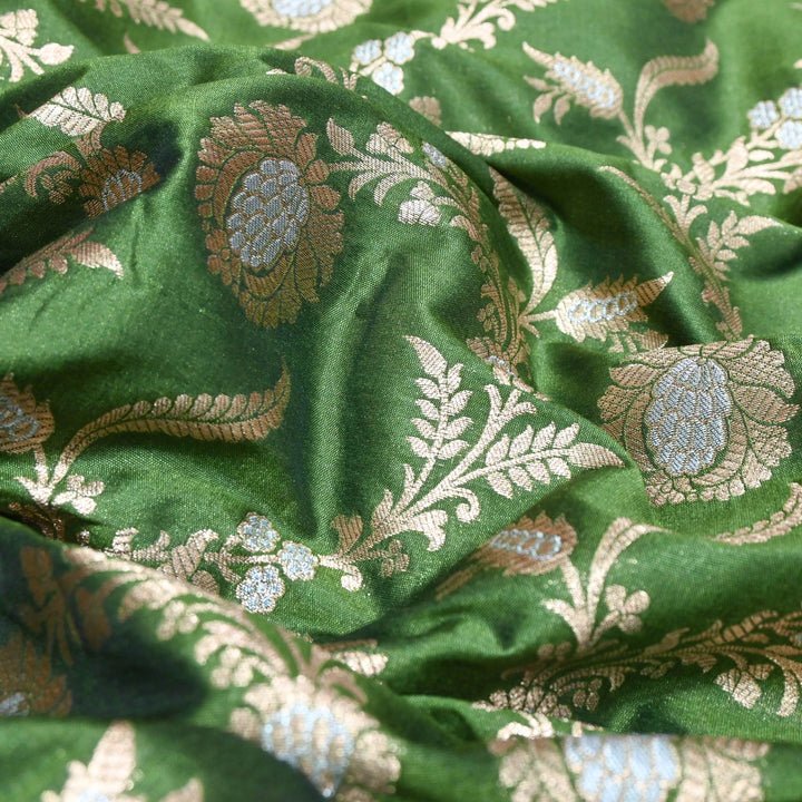 Leaf Green & Antique Gold Floral Brocade Fabric.