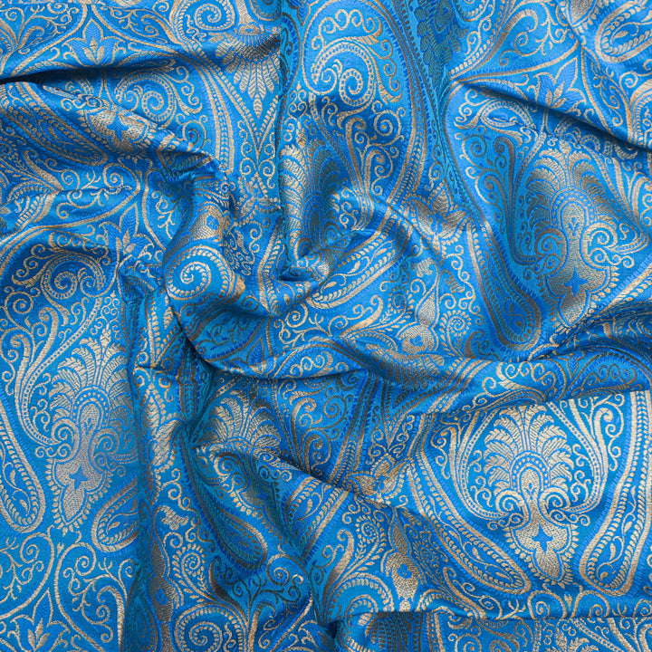 Sky Blue Gold Paisley Brocade Fabric.| 100-23-117