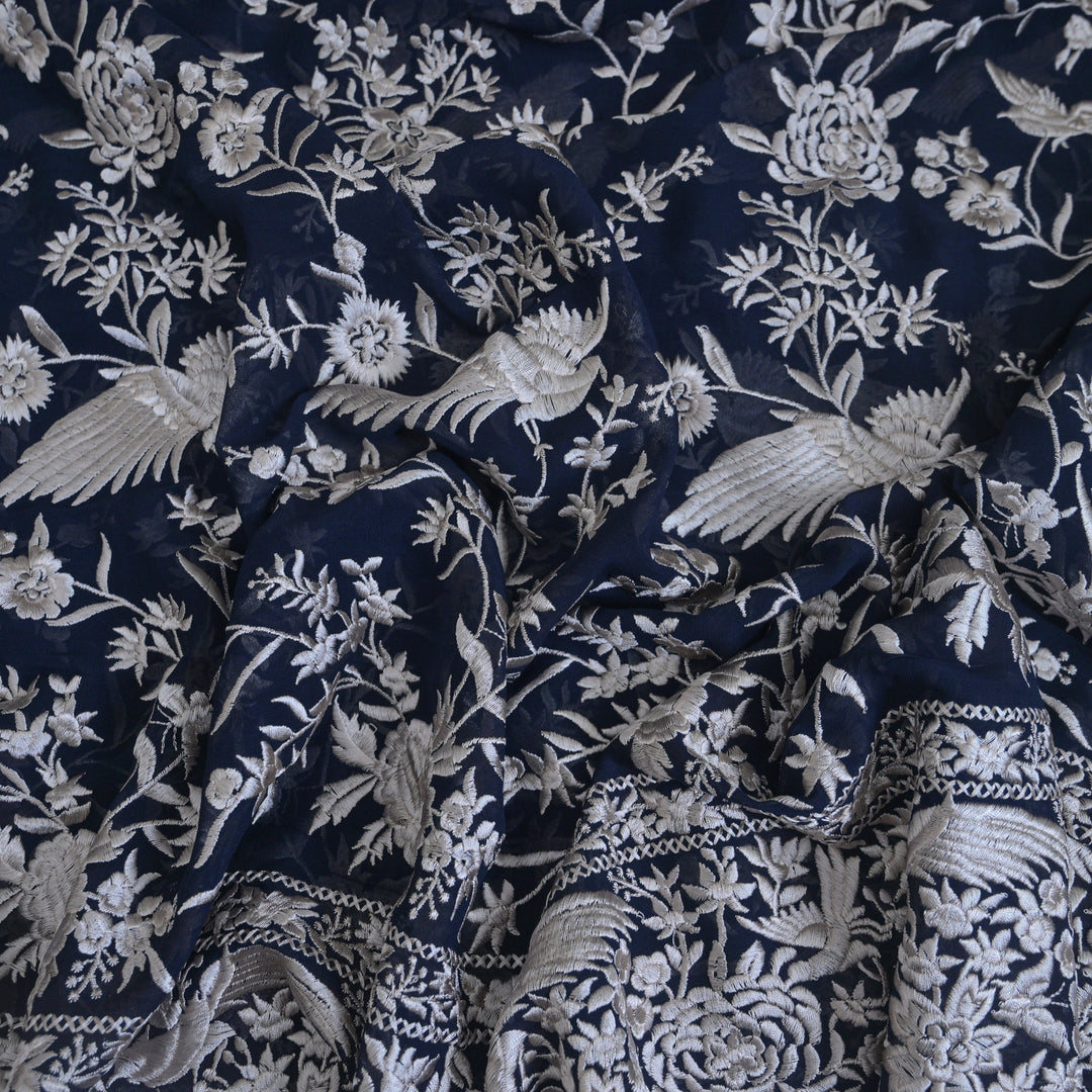Navy Blue Georgette with White Thread Embroidery | GGT-7583