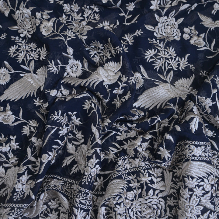 Navy Blue Georgette with White Thread Embroidery | GGT-7583