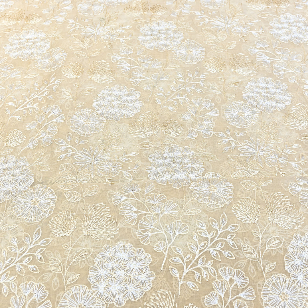 Beige Color Mul Chanderi Thread Embroidery Fabric – Soft Lightweight Designer Fabric- SW02421-1