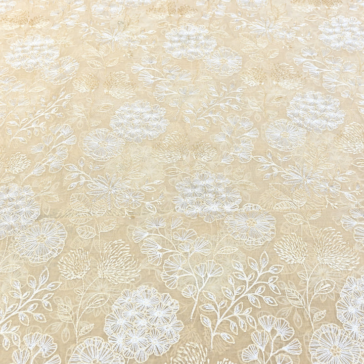 Beige Color Mul Chanderi Thread Embroidery Fabric – Soft Lightweight Designer Fabric- SW02421-1