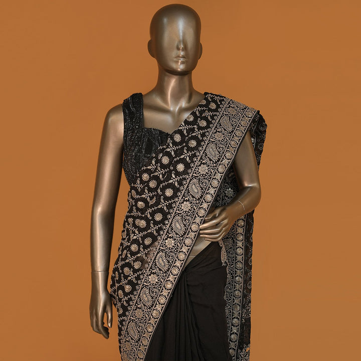 Black Georgette Sequins With Thread Work Saree