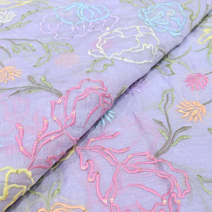 Periwinkle Color Mul Chanderi Thread & Sequins Embroidery Fabric | Designer Fabric-V11537C