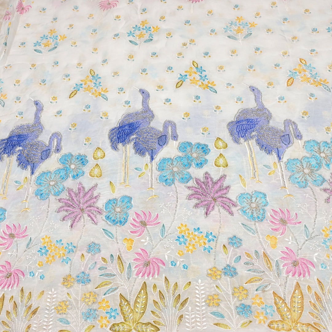 Multi thread and pearl sequin embroidery fabric on viscose organza