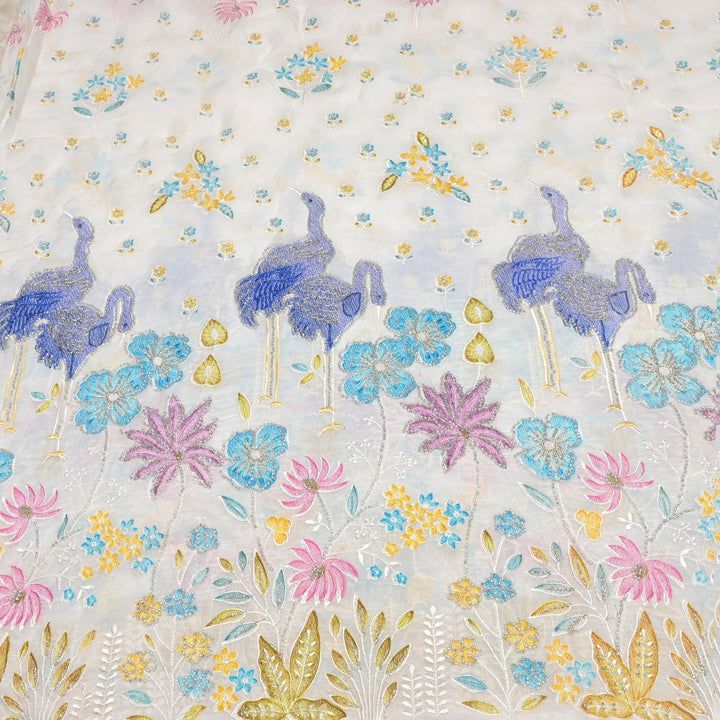 Multi thread and pearl sequin embroidery fabric on viscose organza