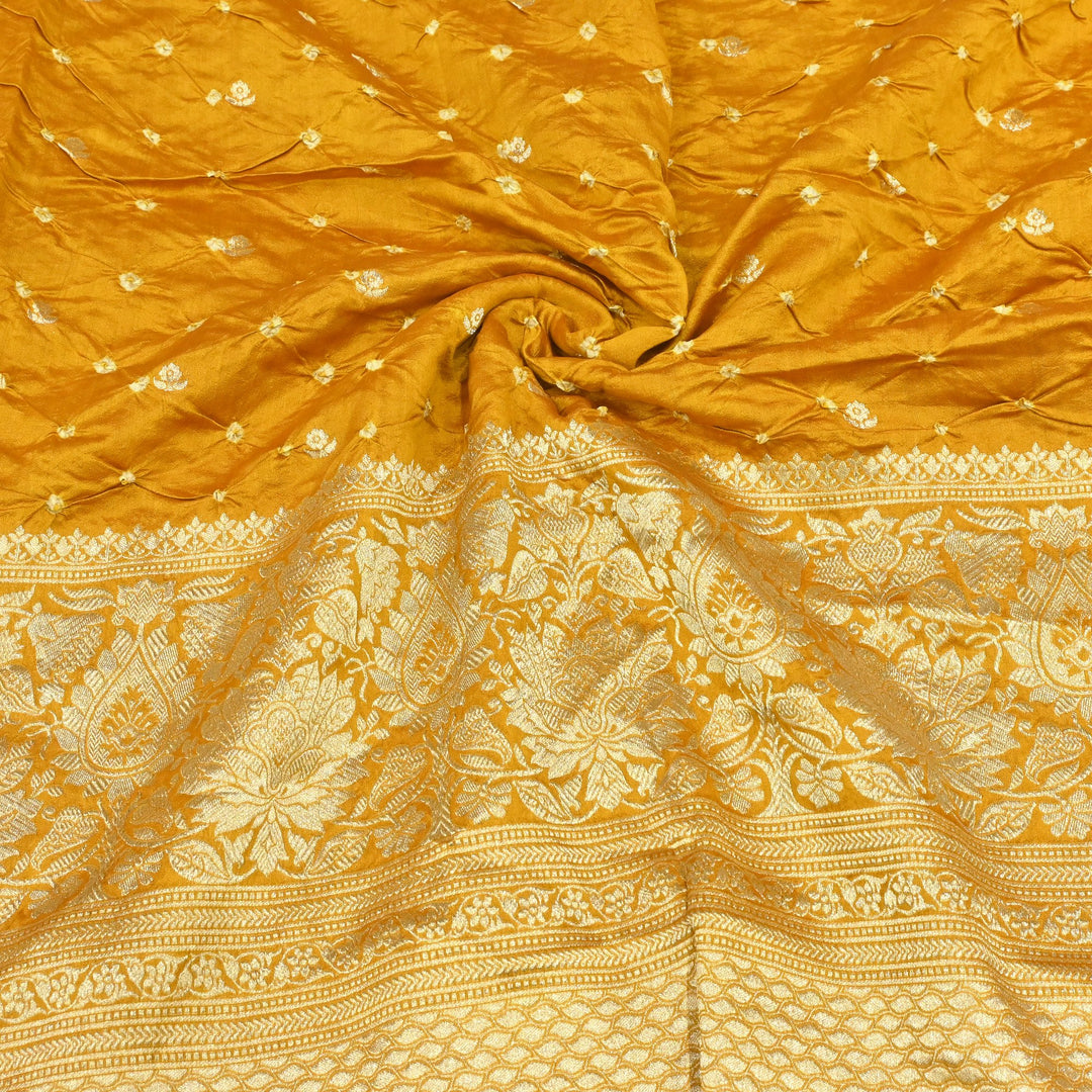 Exclusive Heavy Zari Botti Work And Premium Border Hand Work On Pure Silk Bandhani Fabric