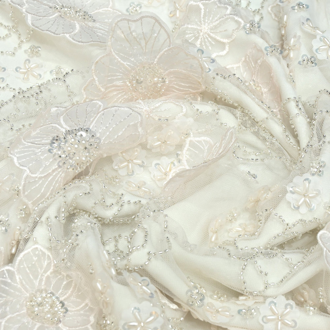Cut dana and sequin heavy embroidered fabric with 3D flower on imported net
