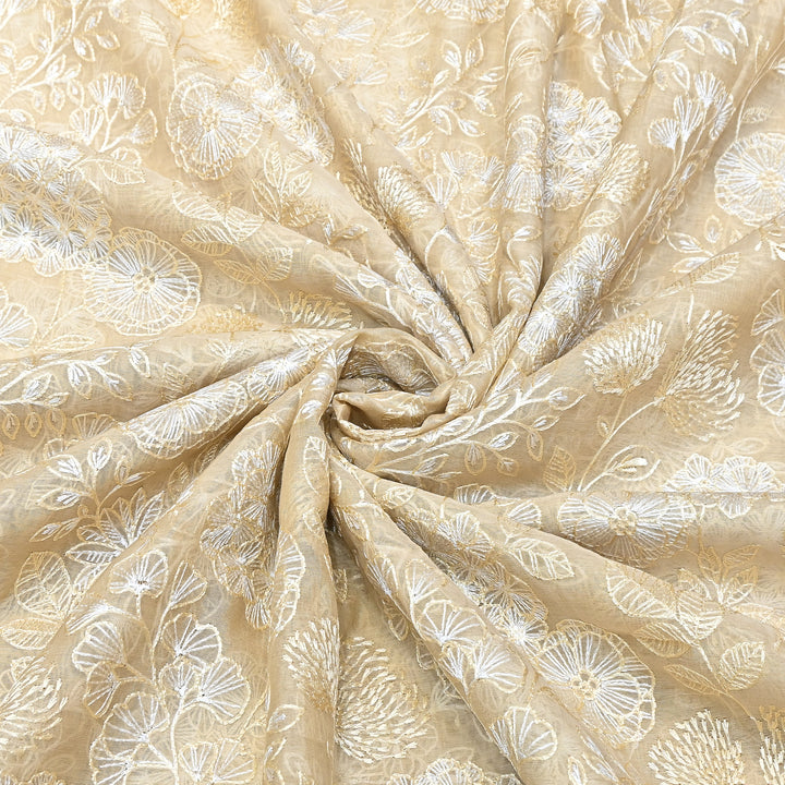 Beige Color Mul Chanderi Thread Embroidery Fabric – Soft Lightweight Designer Fabric- SW02421-1