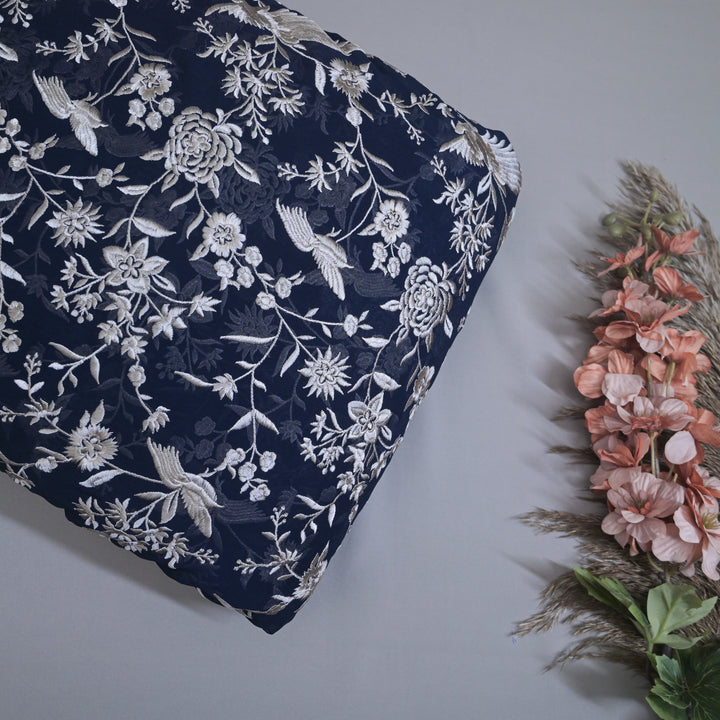 Navy Blue Georgette with White Thread Embroidery | GGT-7583