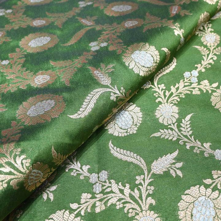 Leaf Green & Antique Gold Floral Brocade Fabric.