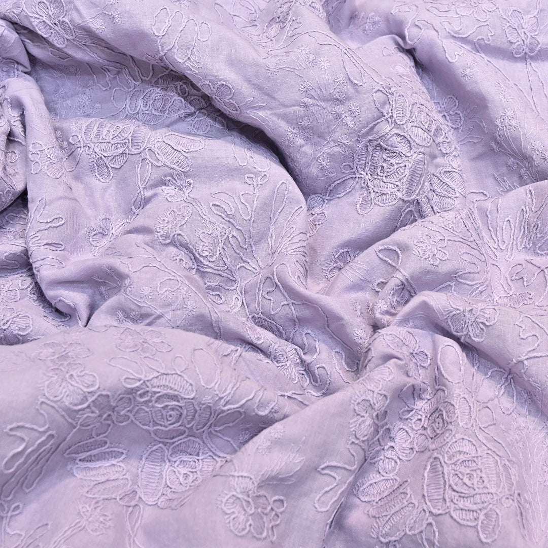 Pastel Lavender Color Cotton Floral Thread Embroidery Fabric – Soft Designer Embroidered Cotton Fabric 0AT112-4