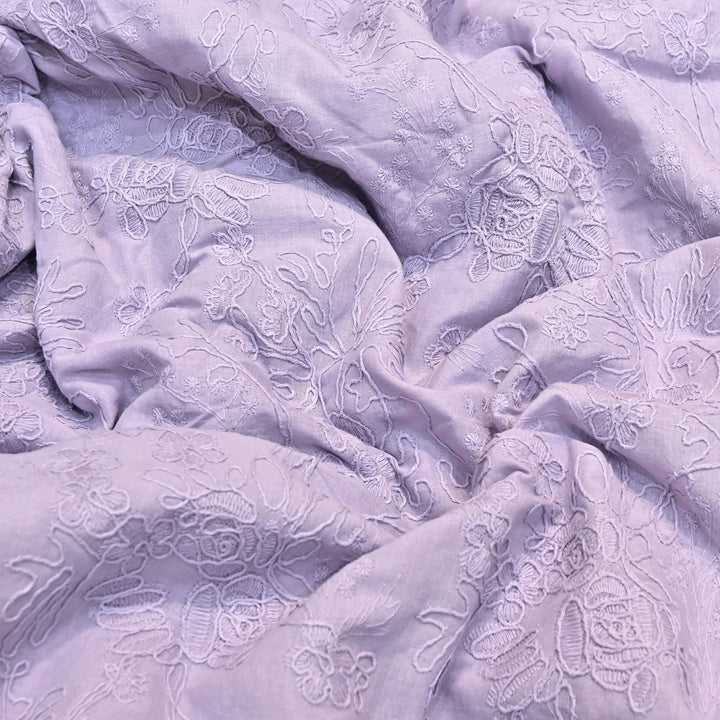 Pastel Lavender Color Cotton Floral Thread Embroidery Fabric – Soft Designer Embroidered Cotton Fabric 0AT112-4