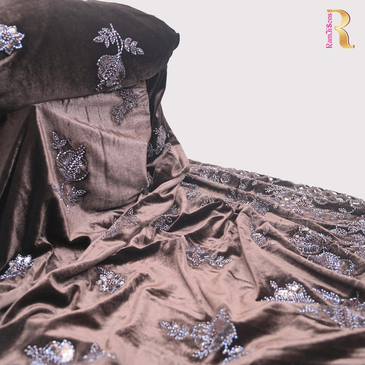 Brown Velvet Cutdana Embroidery Fabric.| 1038-885B
